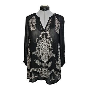 Bila Women's SIZE XL Boho Whimsigoth Sheer Rayon Blouse 3/4 Sleeve Black White